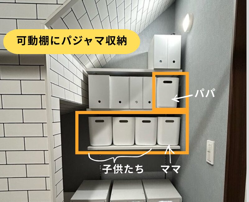 可動棚に無印良品のソフトケースを置き、パジャマを収納している